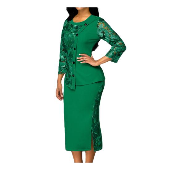 Women Lace Hollow Out Long Sleeve Blouse Top Split Bodycon Skirt Office