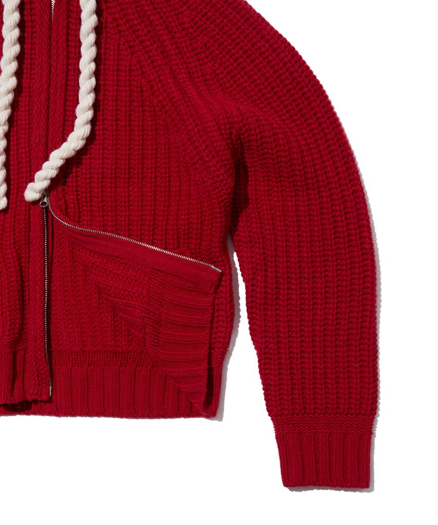 Youhee Rope Hood Zip-Up Knit Red
