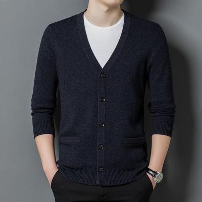 Yiliteng Men's V-Neck 100% Wool Cardigan Sweater