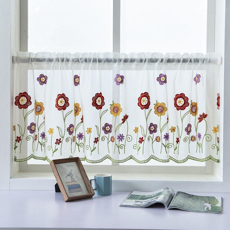 Pastoral Style Flower Embroidery Short Curtain Drapery Bedroom Window Panel Sheer Korean Fresh Half-Curtain Cafe Decor 100x50cm