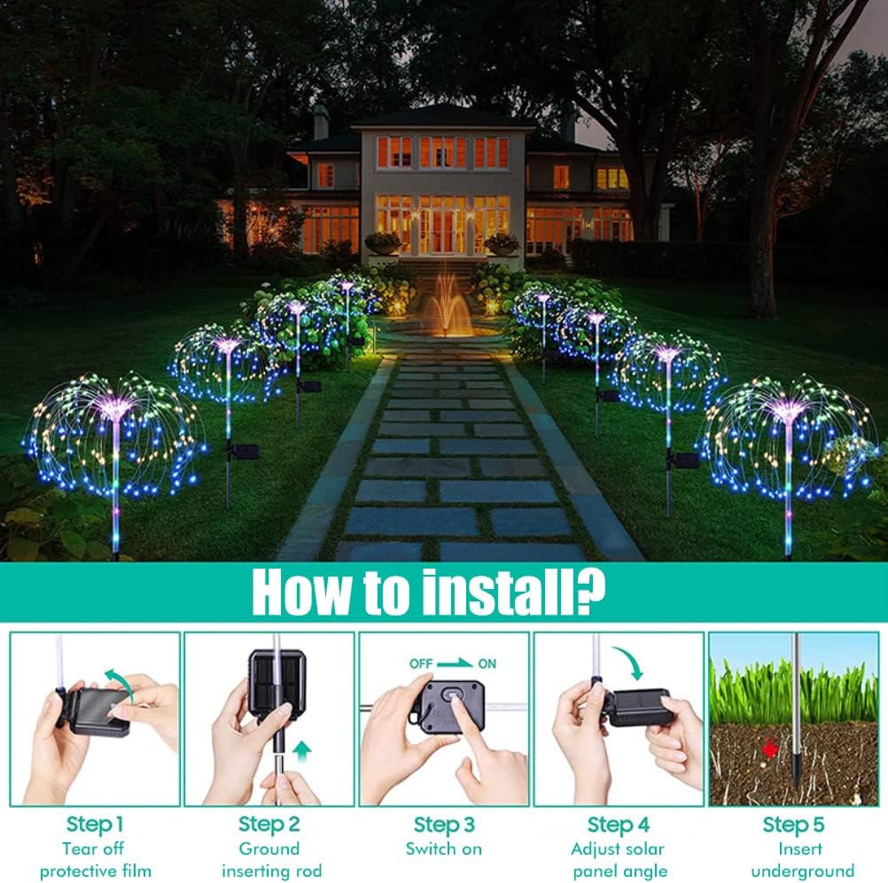 New Firework Solar Lights Outdoor Garden 4 Pack 120 LED Firework Landscape Lights with 2 Lighting Modes Easy to Bend Into Any