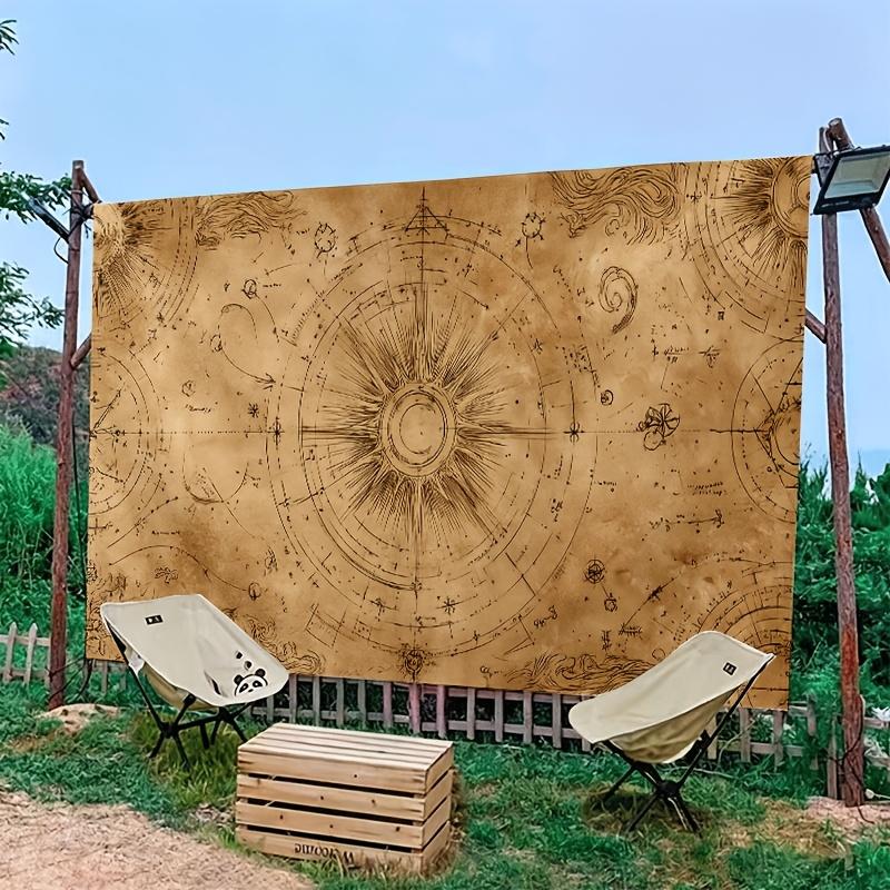 Antique Compass Map Tapestry 2D Digital Print Polyester Wall Hanging Living Room Bedroom Office Studio Decor with Hooks