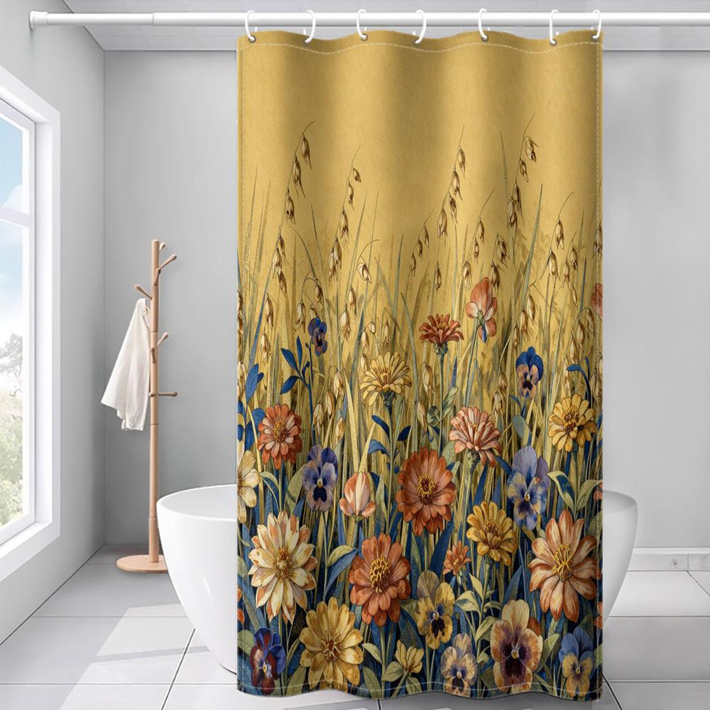 1pc Pastoral Style Floral Fresh and Natural Botanical Print Shower Curtain, Bathroom Home Decor Shower Curtain with Free Plastic