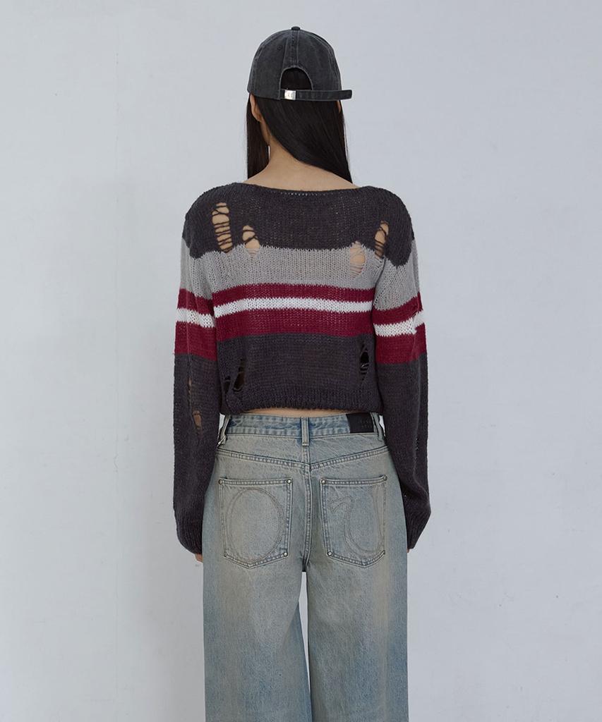 Uusoo Damaged Boat Neck Pullover_ Gray Multi Stripe