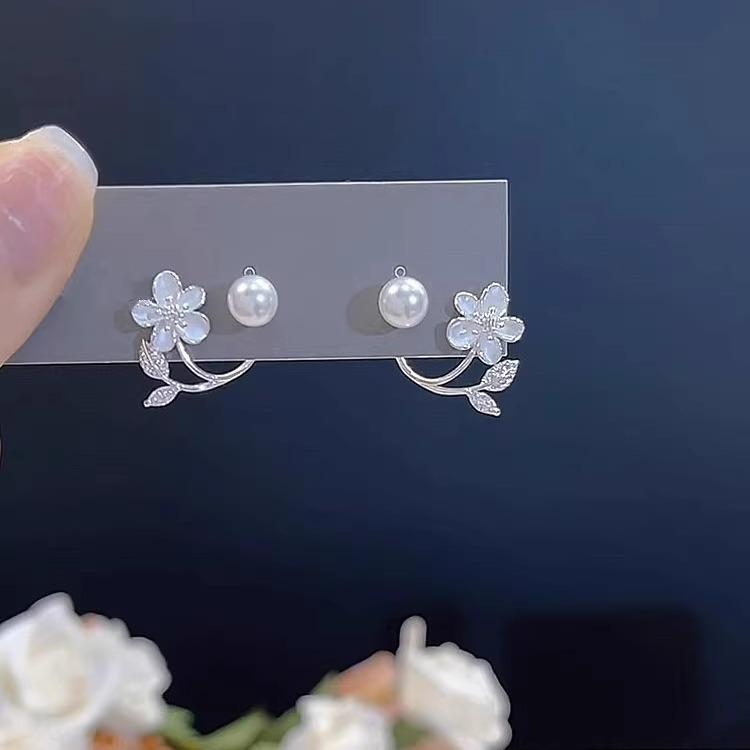S925 Silver Hairpin Earrings, Flower-shaped Pearl Stud Earrings, Women's Light Luxury Niche Design Fashion Earrings