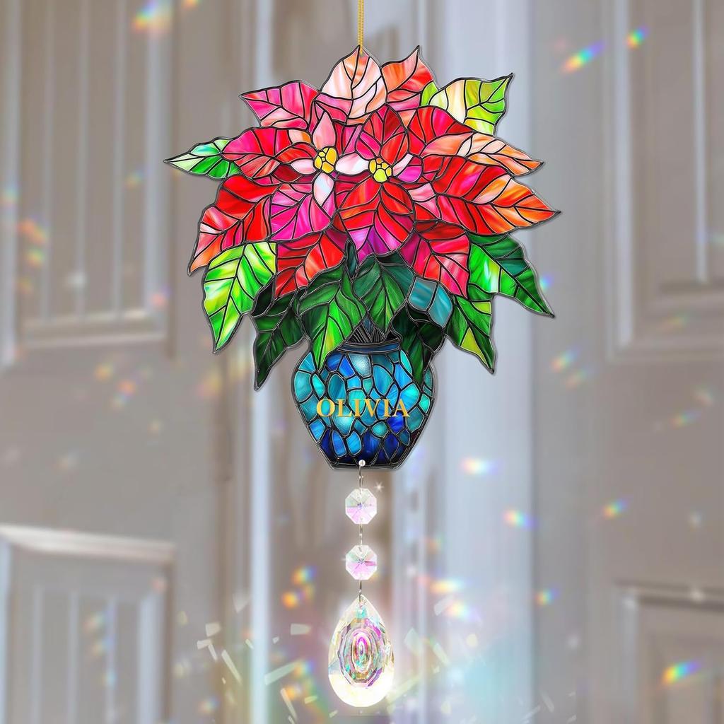 Rose Suncatcher - Birth Flower Gifts for Women, Birth Flower with Name Suncatcher Ornament with Crystal, for Mom, Grandma