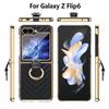 VIETAO Compatible With Samsung Galaxy Z Flip7 6 5 4 3 Golden Plated Finger Ring Holder Kickstand Leather Mobile Phone Case, Blue