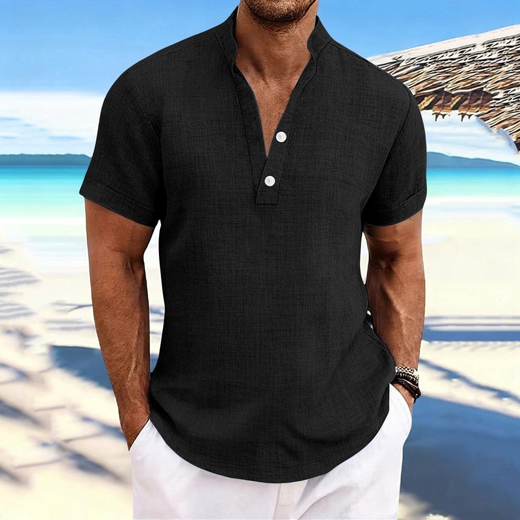 Men's Stand-up Collar, Half-open Jacket, Linen Short-sleeved Shirt