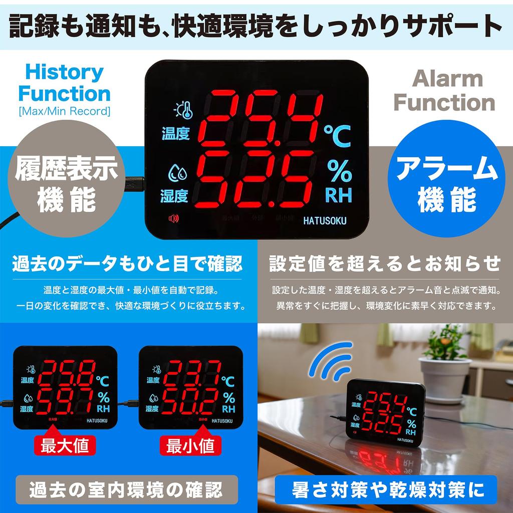 HATUSOKU ON04 LED Digital Thermo-Hygrometer for Commercial and Home Use, Easy To Read, Manual Calibration, Max/Min Recording Function