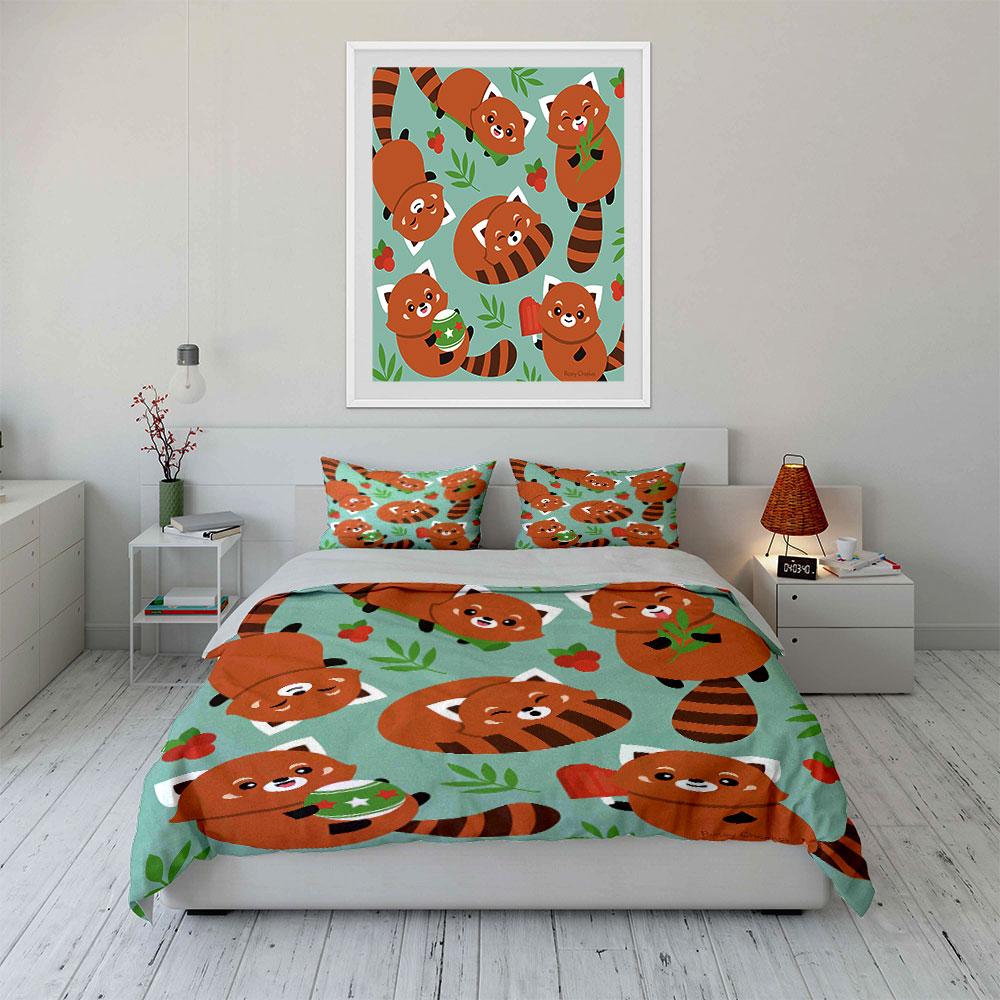 Cute Red Panda Pattern Design Bedding Duvet Cover Set Duvet Cover Pillowcases (1*Duvet Cover 2*Pillowcases, without duvet insert)