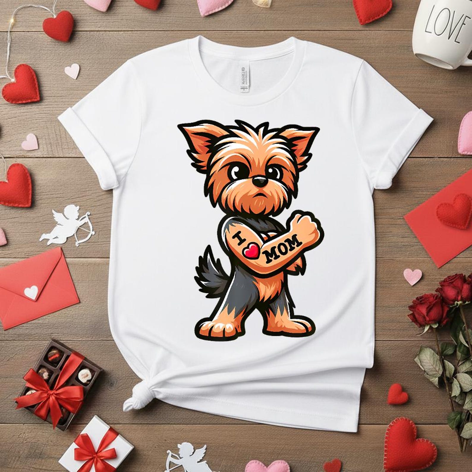 Funny Yorkie Tattoo Shirt, I Love Mom Dog T-Shirt, Yorkshire Terrier Strong Muscles Tee, Cute Badass Dog Mom Gift 3XL