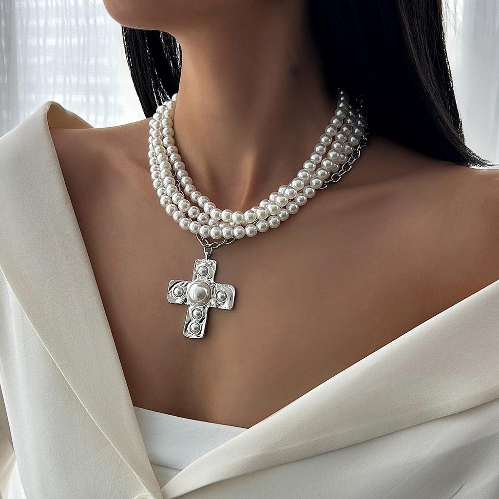 Vintage Multilayer Imitation Pearl Cross Pendant Choker Necklaces for Women  New Fashion Neck Jewelry Party Wedding