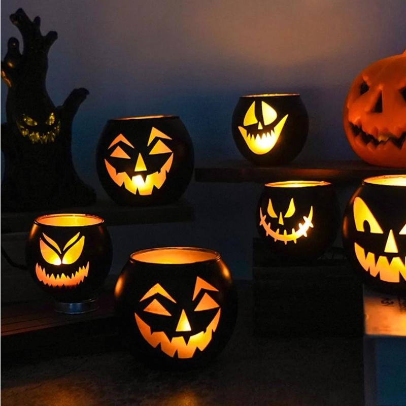 Halloween Candle Holders Tealight Votive Candle Holders with Grimaces,Pumpkin Lanterns Decorative Halloween Centerpieces