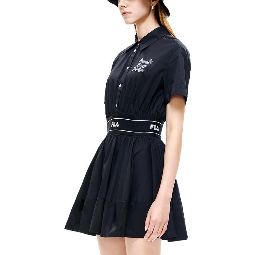Fila Printed Letter Logo Fashion Casual College Style Loose Waist Belt Short Sleeve Dress Women Dresses Black F11W229318FBK