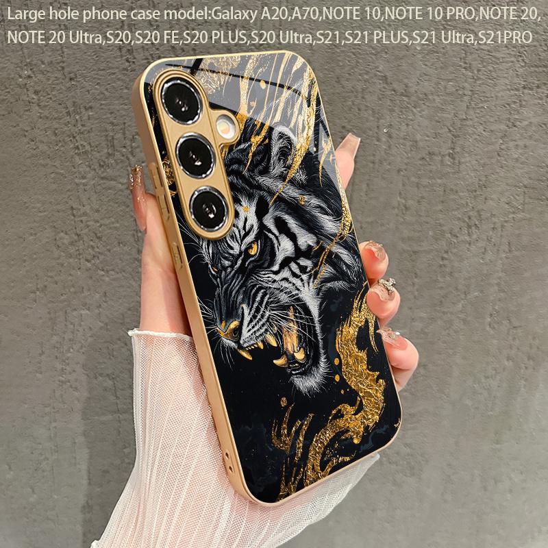 Black Gold Tiger Pattern 2D Phone Case for Samsung S26 S25 S24 S23 S22 S21 S20 A56 - Golden Metal Paint Glass Protective Cover