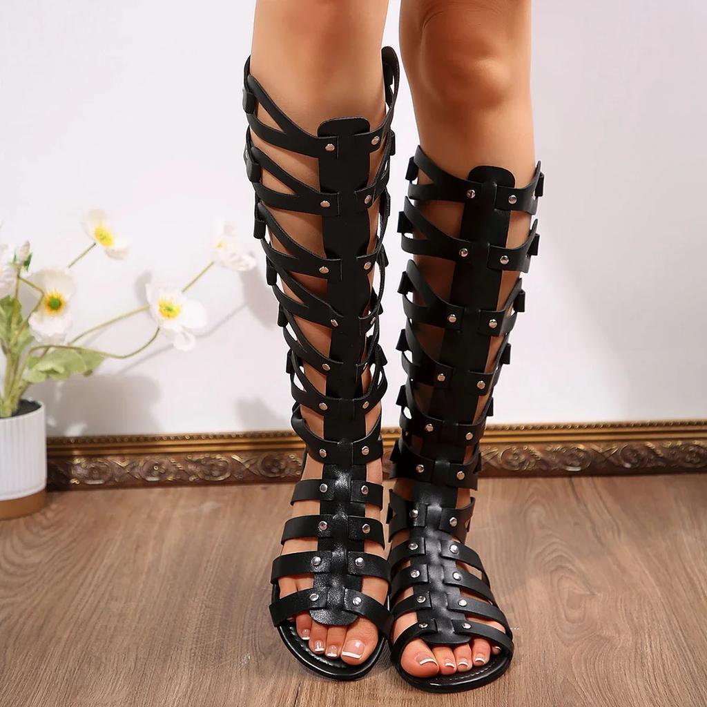 Sexy Women's Fashion Sandal Boots Flat Sole ZIP High Tube Leaks Shoes Women New Dress Party Roman Personality Sandalias De Mujer