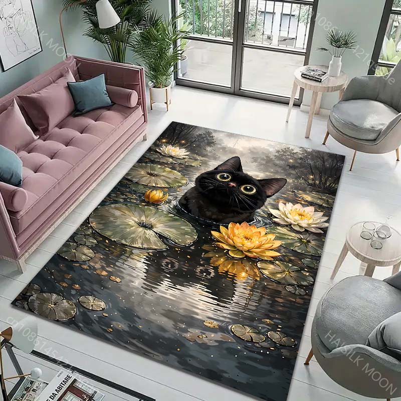 Multiple Sizes Black Cat In Lotus Pond Print Carpet Rug for Living Room Bedroom Sofa Doormat Home Decor Non-slip Floor Mat