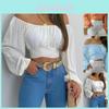 Spring Summer Womens Off Shoulder Cross Tie Long Sleeve Blouse For Casual Office Wear