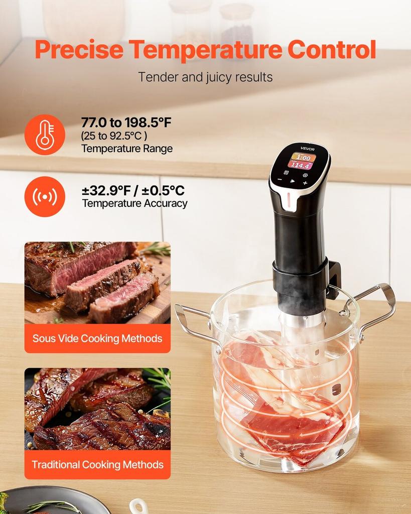 Sous Vide Präzisionskochgerät, 1100W Sous-Vide Kochmaschine, WIFI Immersion Circulator mit 10 voreingestellten Rezepten, LCD-Touchscreen, Schnellheizend, Präzise
