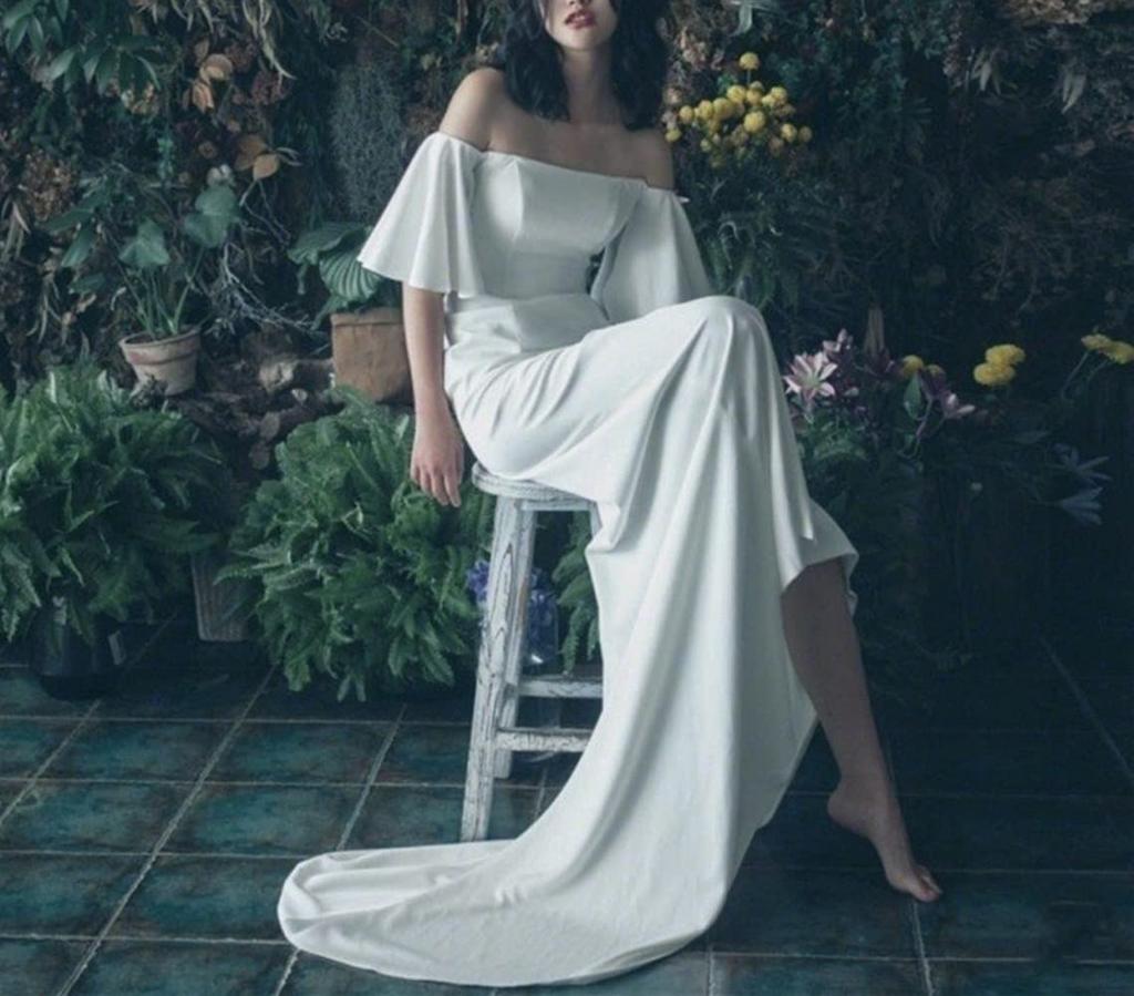 Biała Długa Suknia Ślubna z Rozkloszowanym Dołem Idealna na Śluby i Śluby Zagraniczne [Fiveen] Rękawy Opadające na Ramiona, Śluby, Zdjęcia Przedślubne, (Rozmiar M)