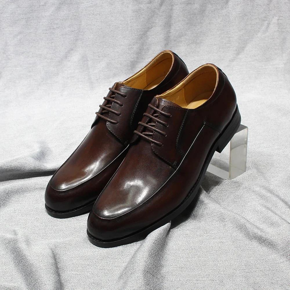 Fashion Classic Men's Genuine Leather Derby Shoes Plain Toe Handmade Lace-Up Office Dress Wedding Outdoor Formal Footwear