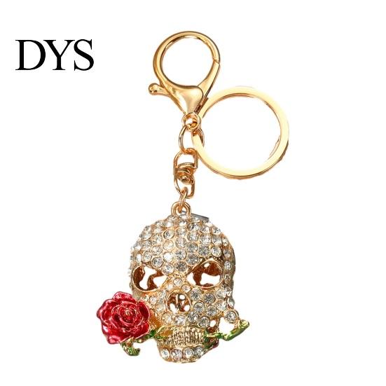 Gothic Style Keychain Holding Rose Rhinestone Skull for Halloween, Skeleton Pendant Head Key Ring, Chain Accessory Handbags Backpacks