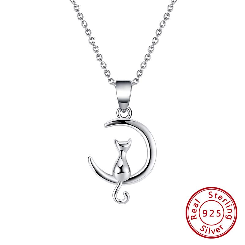 ORSA JEWELS Real 925 Sterling Silver Necklace Perfect Polished Creative funny cat sitting on the moon For Girl /woman Gift SN271