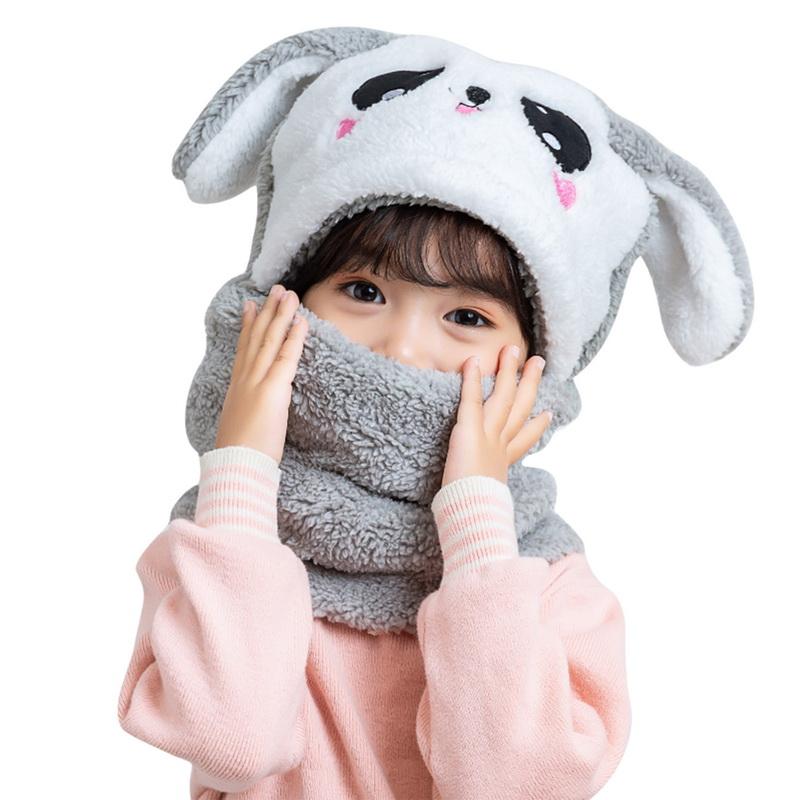 Children Cartoon Cute Bear Rabbit Hat Scarf Girls Boys Winter Soft Thicken Scarves Beanie Double Warm Fleece Kids Hats