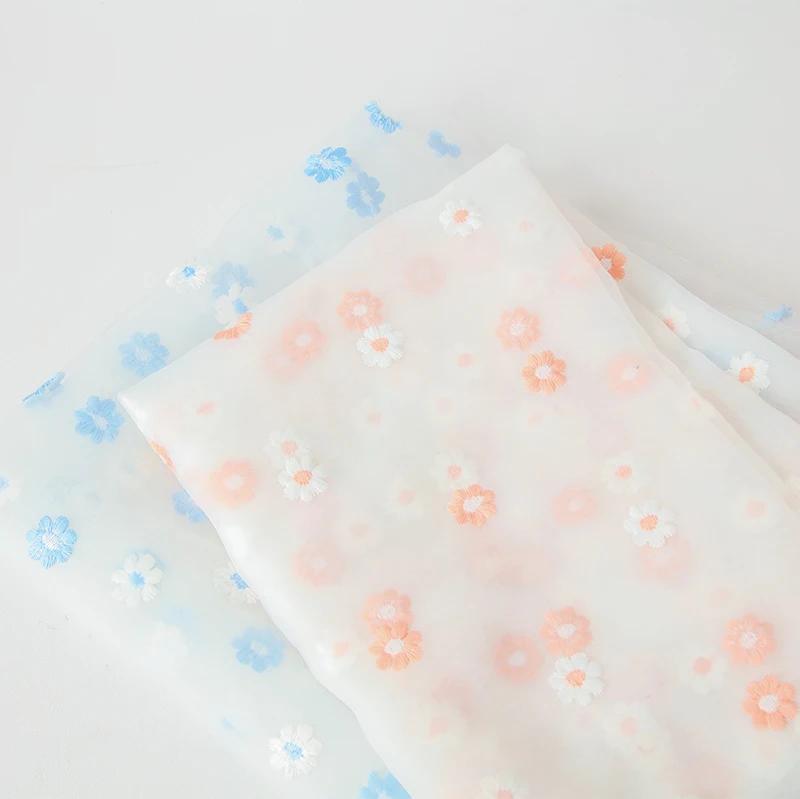 Small Flowers Embroidered Organza Fabric for Sewing Princess Dresses Headwear Stage Costumes Decorative Cloth DIY Fabrics