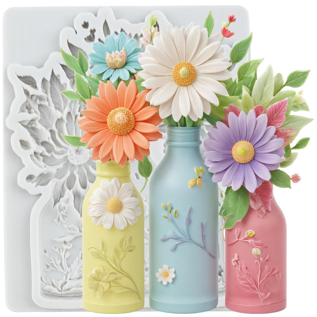 Flower Vase Silicone Molds Lotus Rose Daisy Flower Fondant Mold Relief Flower Mold Cake Decorating Tools Cupcake Topper Candy Chocolate Gumpaste Mold
