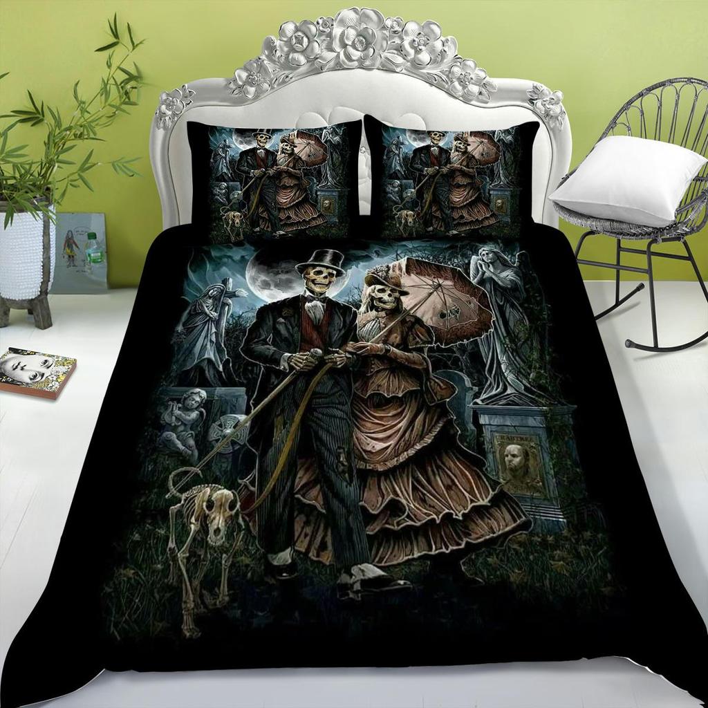 Bedding Set New Bed Cover 3D Skull Head Scary Print Family Bedroom Full Size Quilt Cover and Pillowcase Microfiber