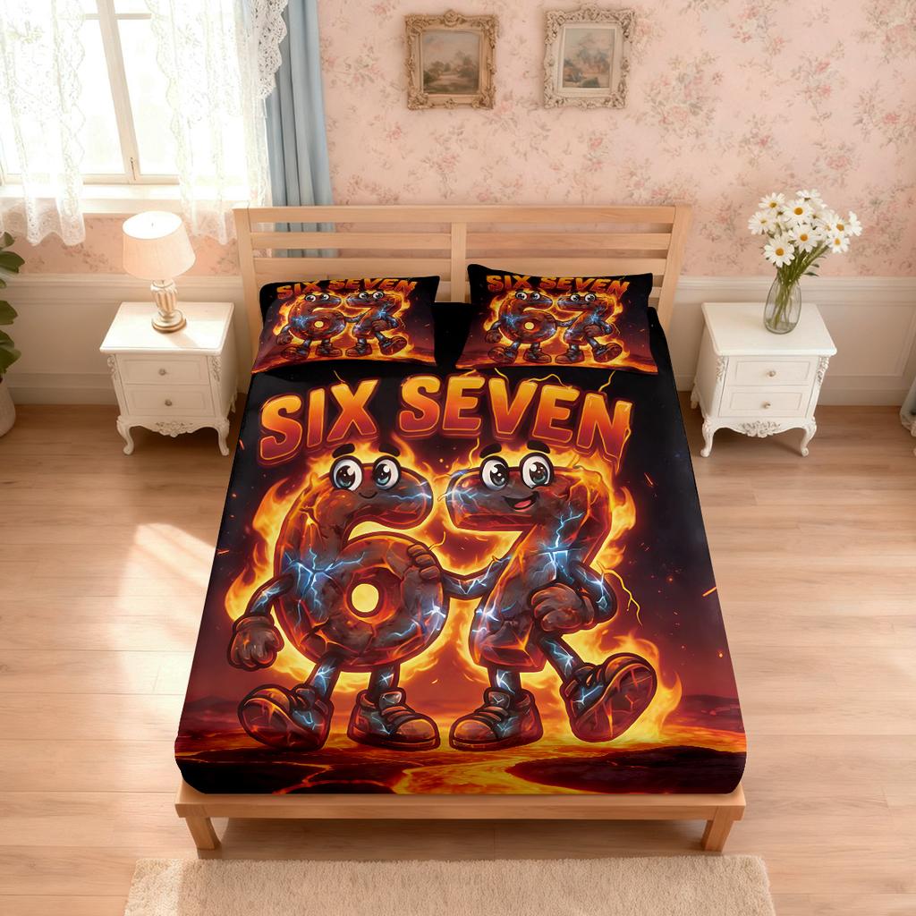 3pcs Red Flame 67 Element Printed Coreless Bedsheet Set, Multi Size Comfortable Bedspread, Bedroom Bedding Decoration
