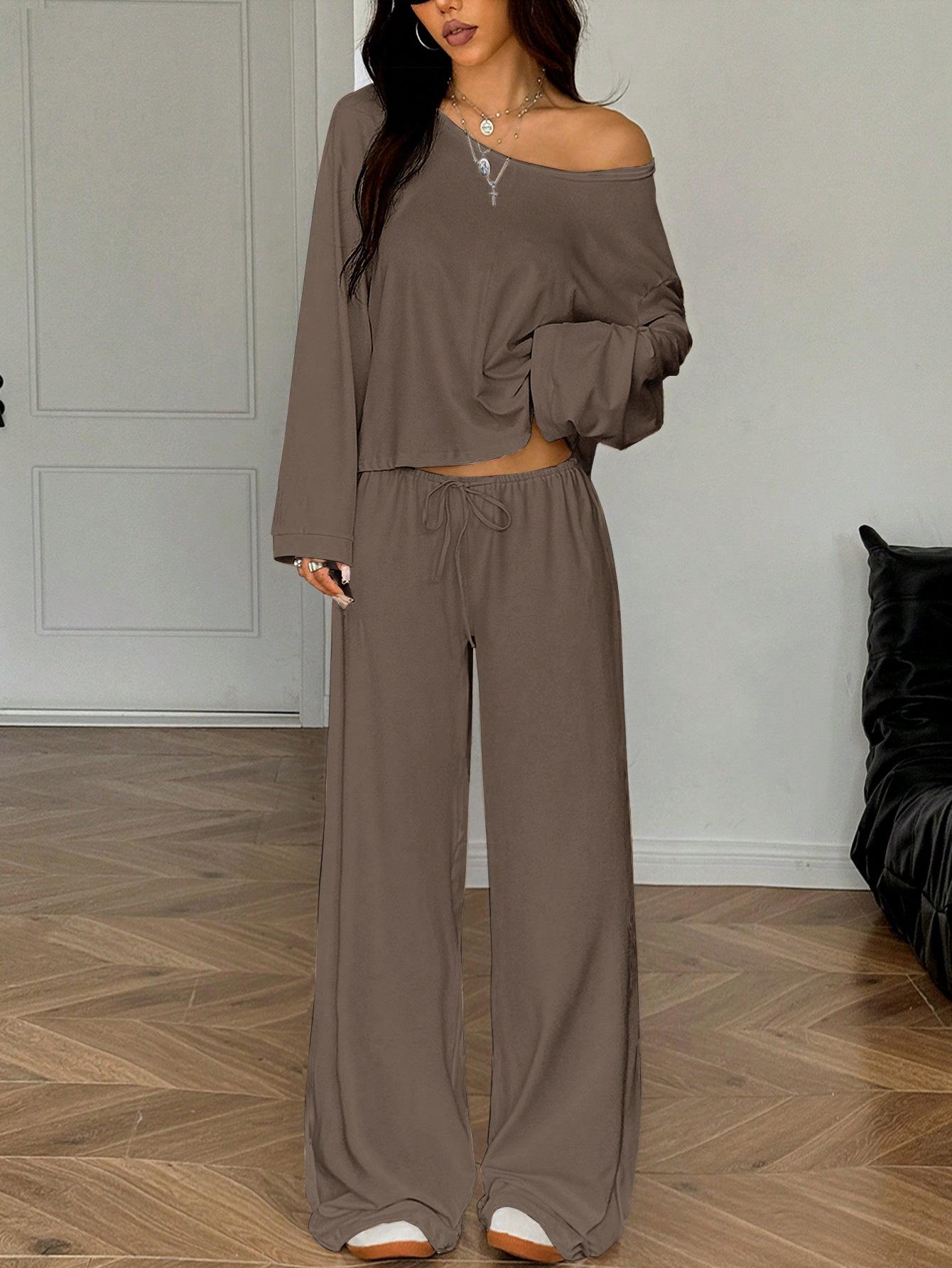 

Off Shoulder Long Sleeve Top Wide Leg Floor Length Pants Sexy Casual Set For Women XS светло-коричневого