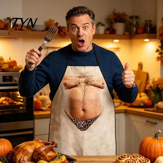 Humorous Kitchen Wear for Barbecue Experts Funny Hairy Belly Apron, Waterproof Canvas Cooking Adjustable Straps Bib Apron with Neck BBQ Grill