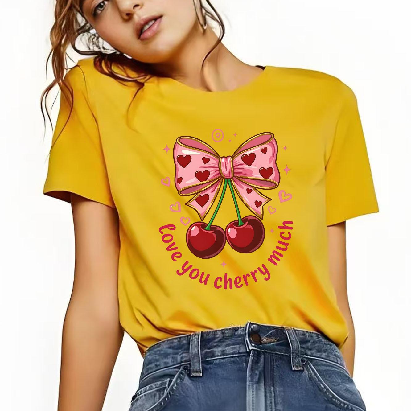 Fashionable and cute bow cherry cartoon print pattern daily Tshirt short sleeved round neck versatile Womens Tshirt S