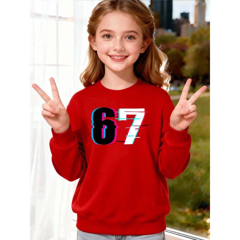 Unisex Kids Red Crewneck Sweatshirt For 4-12 Boys Girls Glitch Neon Pink Cyan Distorted Number 67 Print Soft Fleece Long Sleeve Pullover