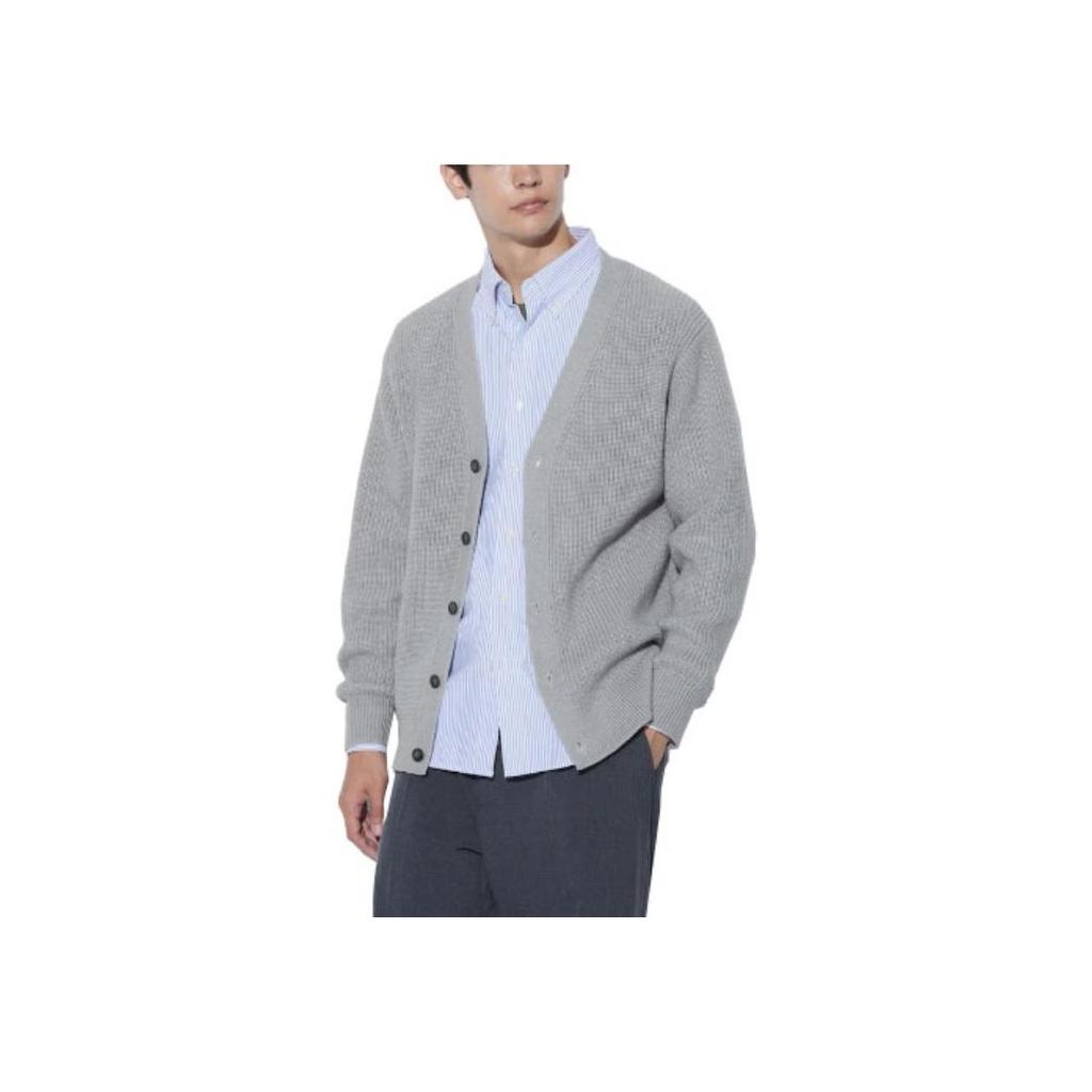 UNIQLO Solid Color Single-Breasted V-Neck Loose Long Sleeve Knit Sweater Men sweater Gray 466718-03