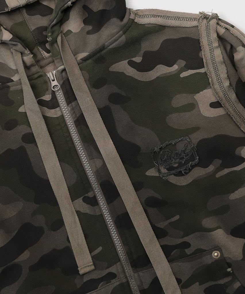 Badblood Raw Edge Zip-Up Hoodie Slim Fit - Light Camo