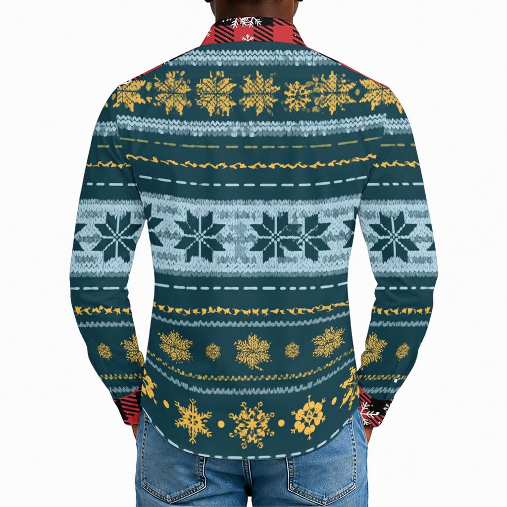 Men's Casual Long Sleeve Shirt with Christmas Print for Holiday Party and Fall