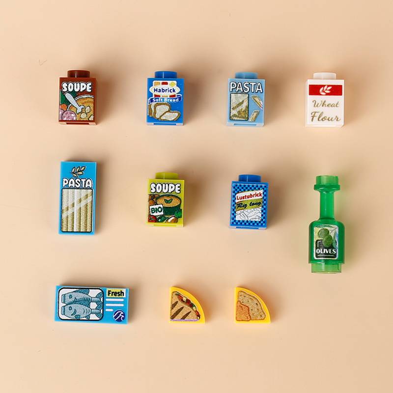 City Food Building Blocks Character Accessories Printing Set Fish Mushroom Fruit Burger Refrigerator Hot Dog Pizza Basin Toy