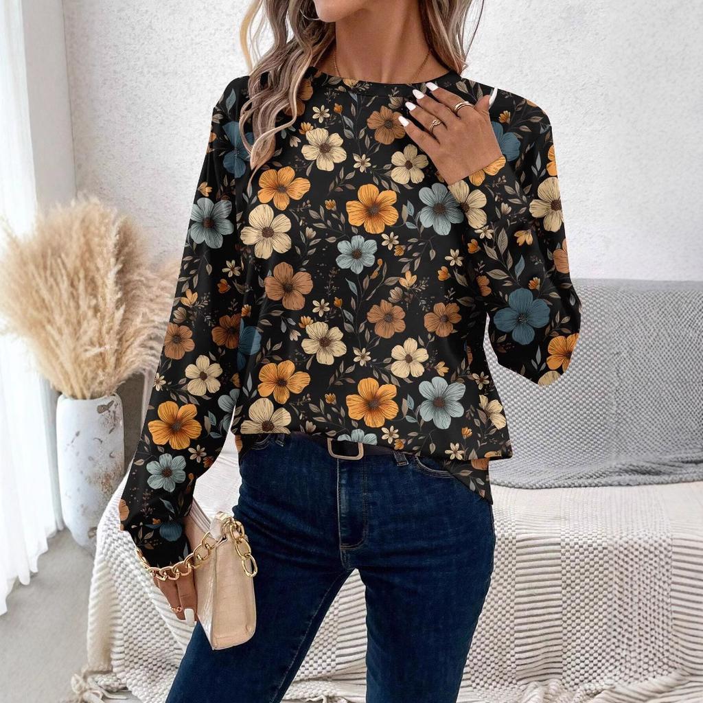 Round Neck 3D Printed Plant Flower Pattern Top Fashionable Casual Long Sleeved Women's Sweatshirts