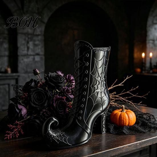 Decorative Mantel Ornament Gothic Witch Boot Vase, Halloween Table Centerpiece Black Spider Web Rose Container High Heel, Flower Holder for