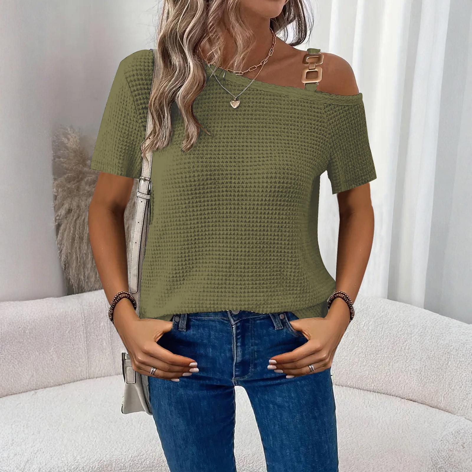 

Женские Топы с Коротким Рукавом Блузки с Круглым Вырезом Business Casual L армия зеленый