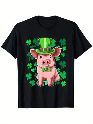 Lucky Pig Leprechaun St Patricks Day Graphic T-Shirt Cotton Casual Crewneck Tee for Unisex