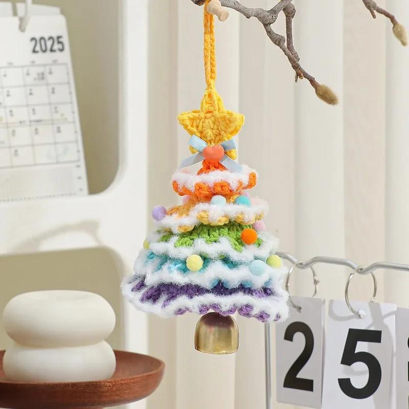 Knitted Christmas Tree with Jingle Bell Plush Christmas Hanging Pendant Wool Crochet Tree for Christmas Party Decor