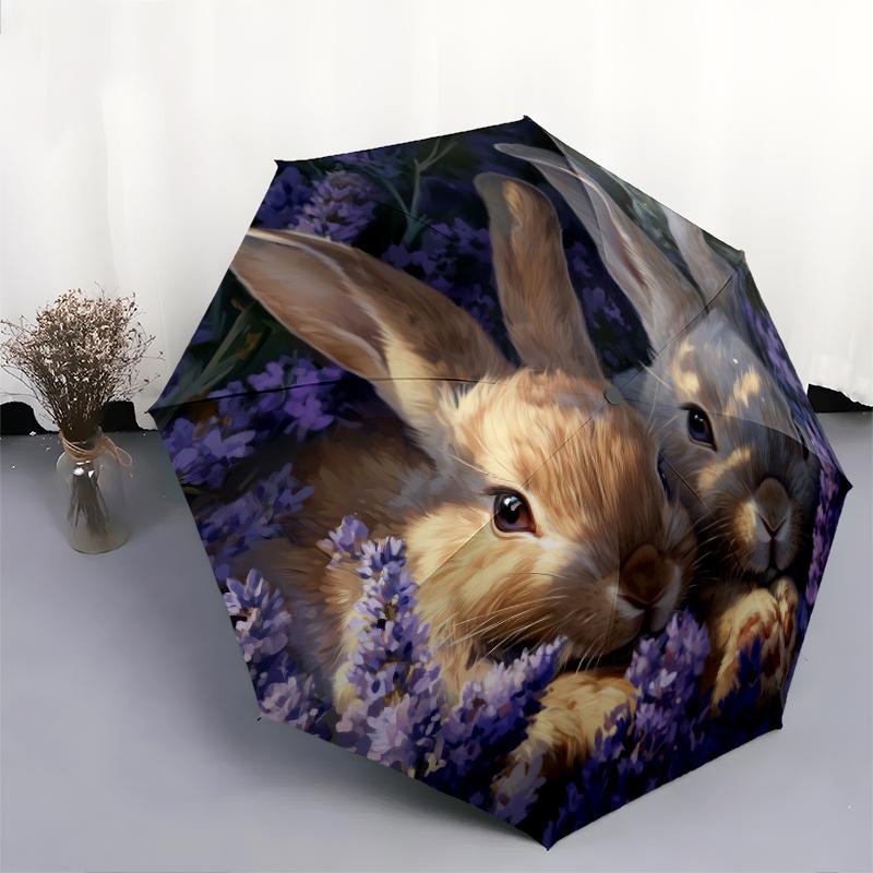 Rabbit and Flowers pattern, automatic folding umbrella, portable and foldable design, 8 ribs, a Christmas or birthday gift.
