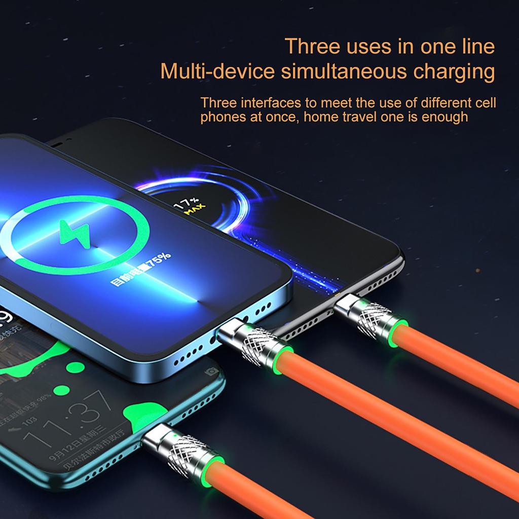 3 In 1 Fast Charging Cable 6A 120W Metal Liquid Silicone Type-C Micro-USB Data Charger Cable 1.2M Line For I-Phone Android
