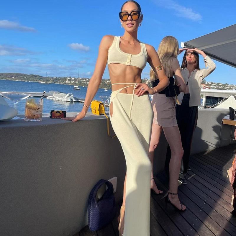 Dámské sexy soupravy na šaty bez zad Party Club Elegantní top a sukně se zapínáním na knoflíky, 2dílné soupravy bandáží