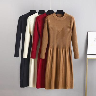 Women Autumn Winter O Neck Long Sleeve Solid Color Slim Knit High Waist Sweater Dresses