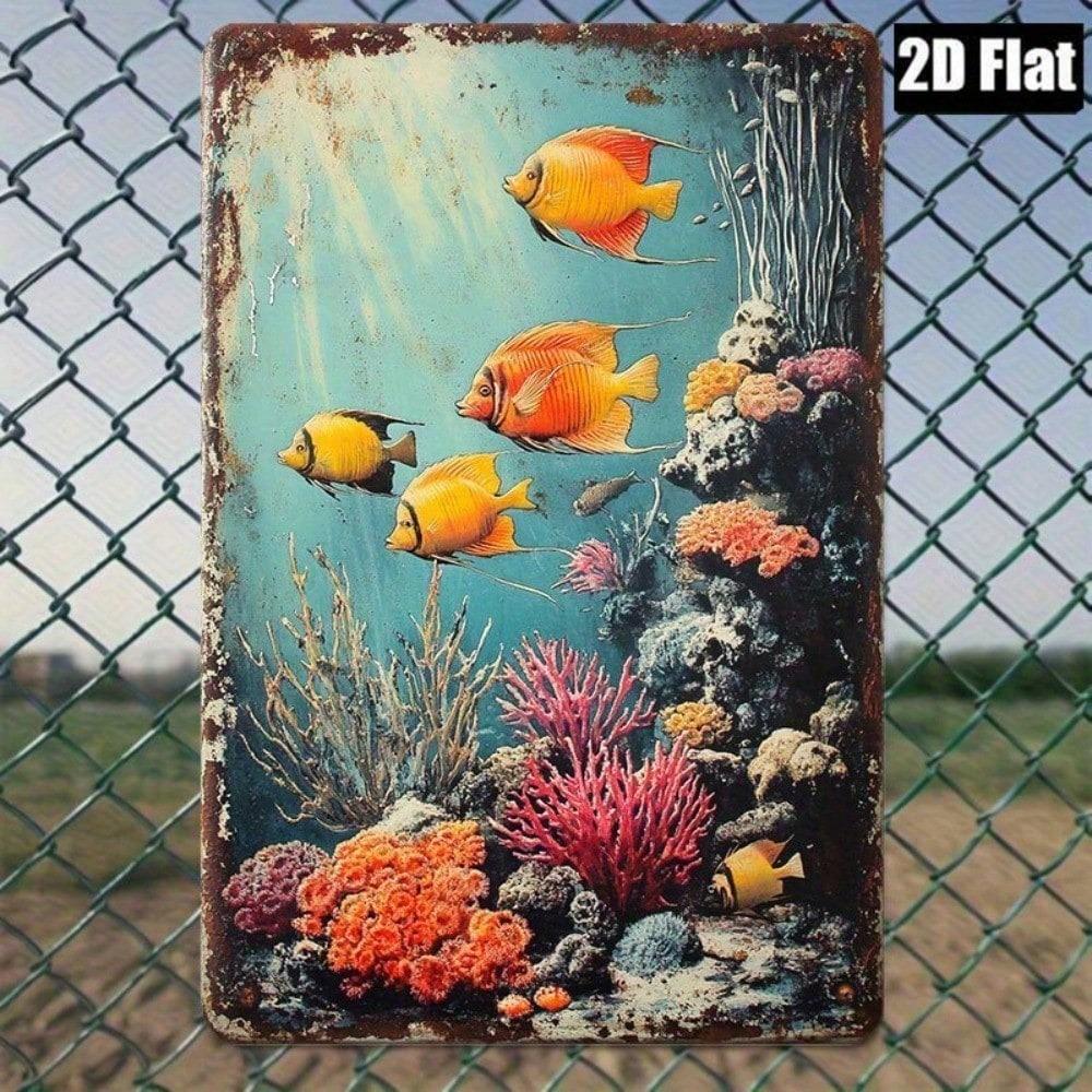 2D Retro Underwater Fish Coral Reef Metal Sign Rustic Wall Art Home Office Decor 7.8x11.8 Inch